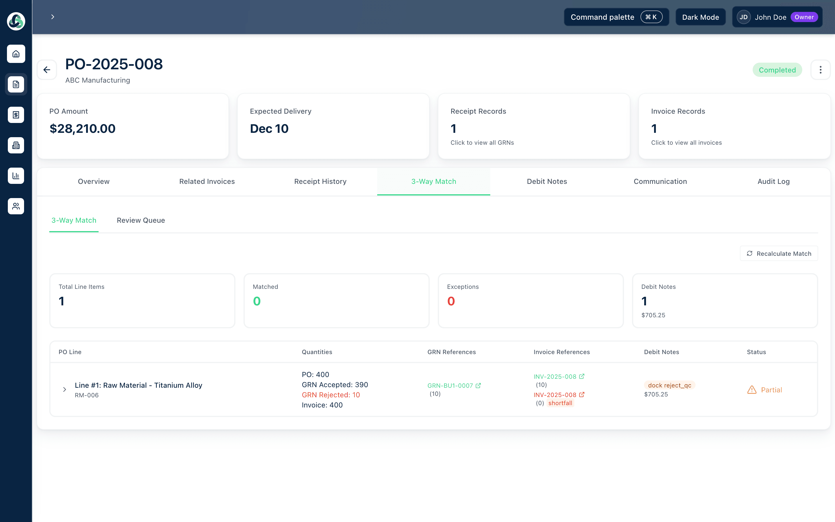 Accounts Payable - 3-Way Match (PO, GRN, Invoice) with status indicators