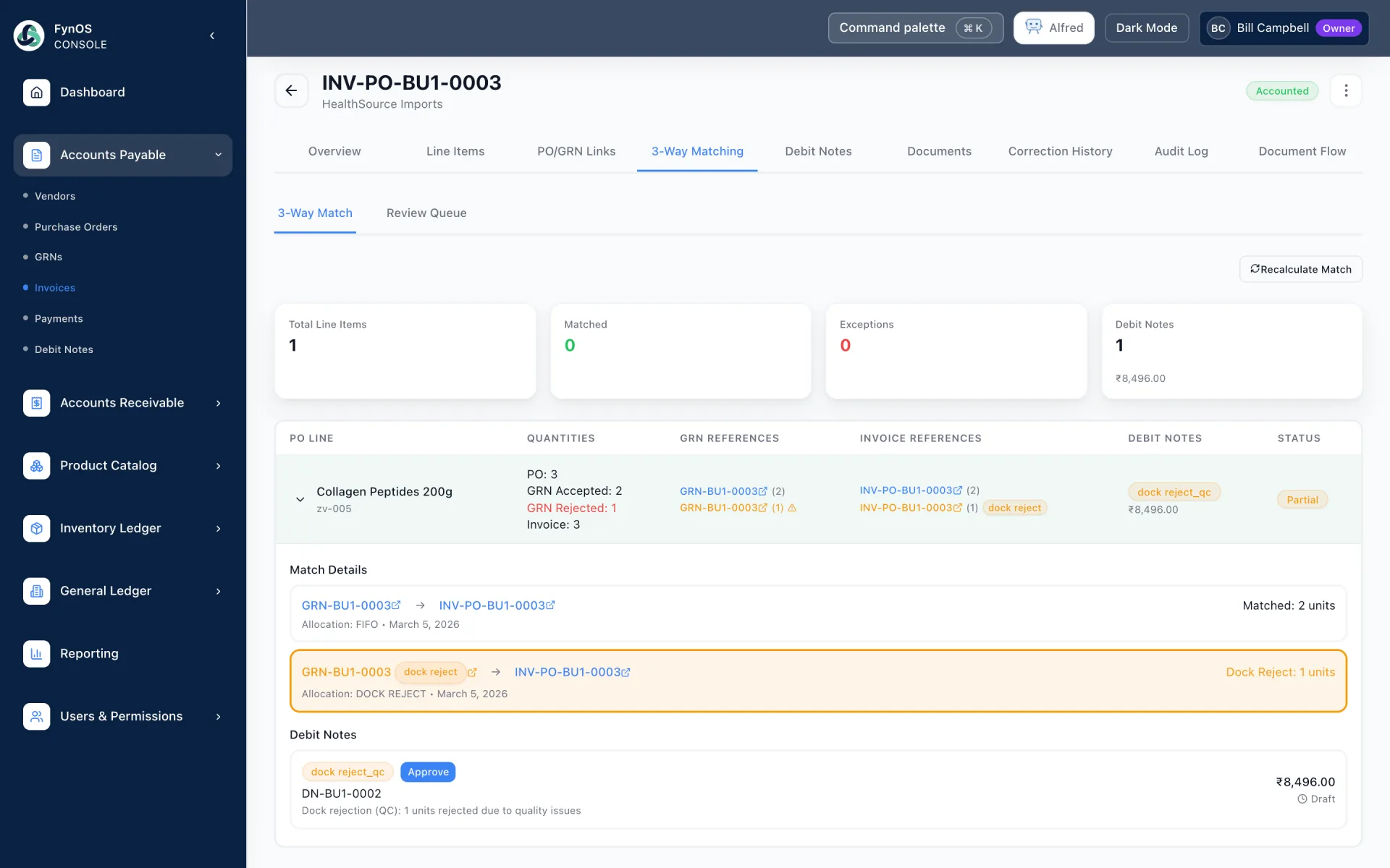 Automated 3-way match: PO ↔ GRN ↔ Invoice